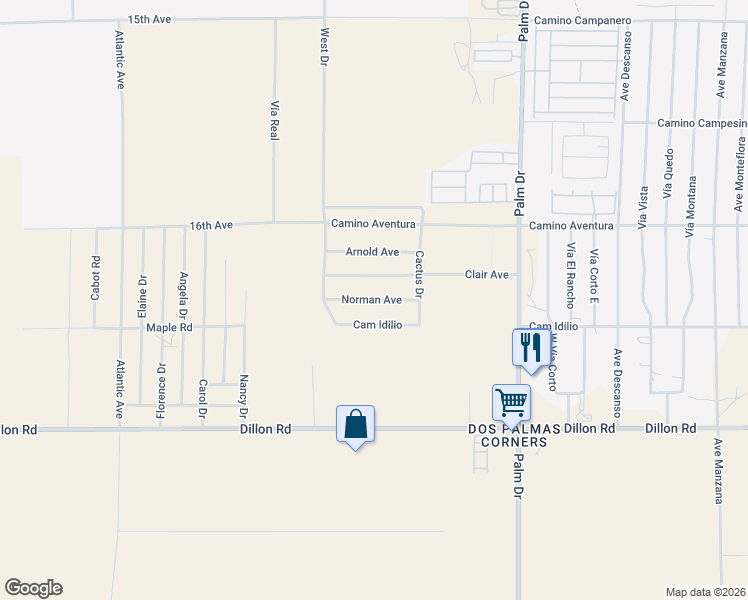 map of restaurants, bars, coffee shops, grocery stores, and more near Norman Avenue in Desert Hot Springs