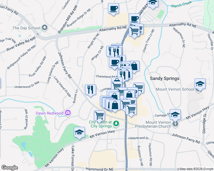 map of restaurants, bars, coffee shops, grocery stores, and more near 135 Chaseland Road Northeast in Atlanta