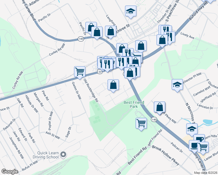 map of restaurants, bars, coffee shops, grocery stores, and more near 2400 Windsor Woods Lane in Norcross