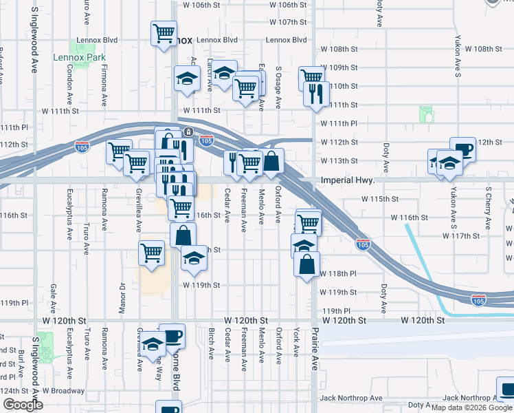 map of restaurants, bars, coffee shops, grocery stores, and more near 11523 Menlo Avenue in Hawthorne