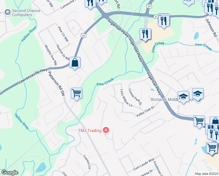map of restaurants, bars, coffee shops, grocery stores, and more near 235 Lazy Willow Lane in Lawrenceville