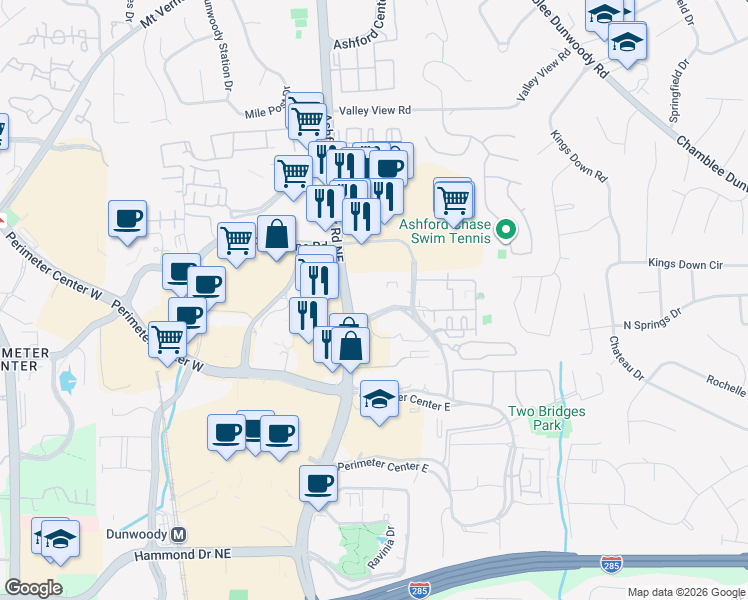 map of restaurants, bars, coffee shops, grocery stores, and more near 302 Perimeter Center North in Atlanta