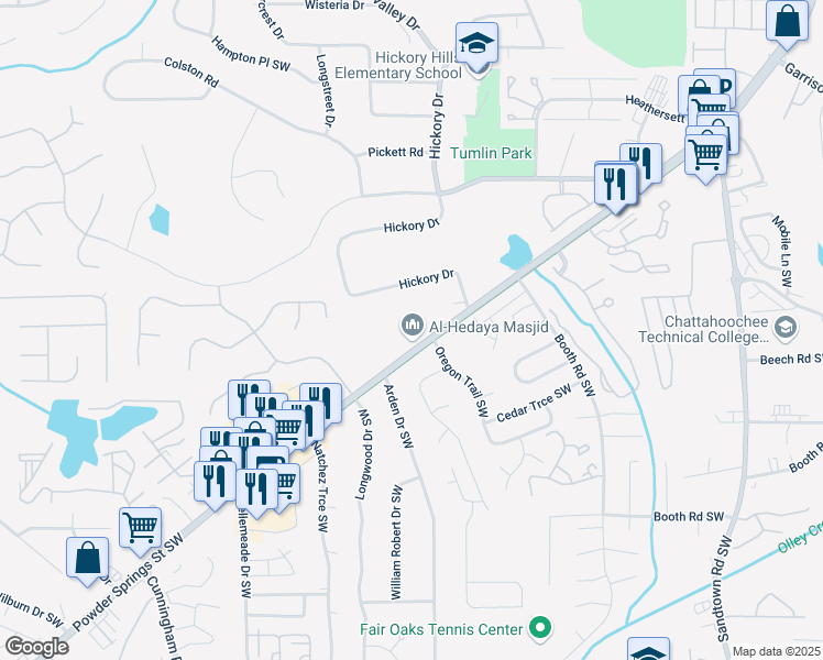 map of restaurants, bars, coffee shops, grocery stores, and more near 968 Georgia 360 in Marietta