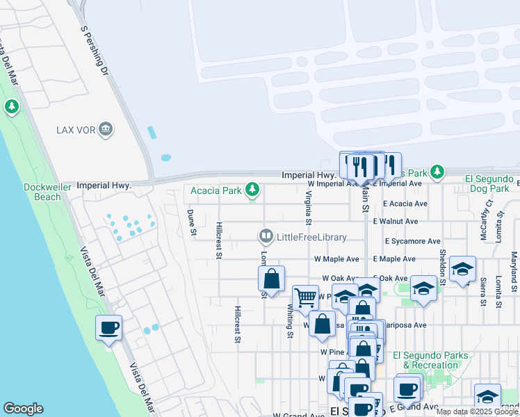 map of restaurants, bars, coffee shops, grocery stores, and more near 917 Loma Vista Street in El Segundo