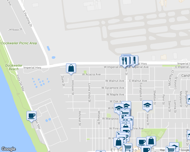 map of restaurants, bars, coffee shops, grocery stores, and more near 516 West Acacia Avenue in El Segundo
