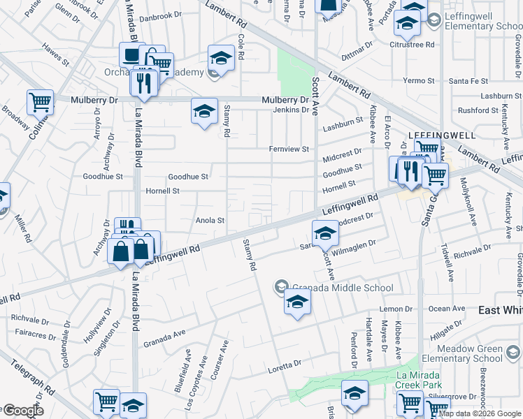 map of restaurants, bars, coffee shops, grocery stores, and more near 11245 Gladhill Road in Whittier