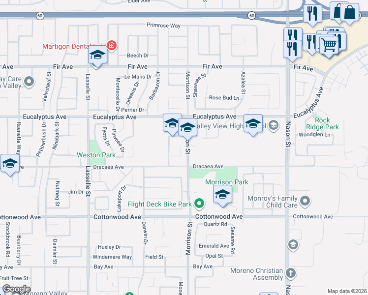 map of restaurants, bars, coffee shops, grocery stores, and more near 26450 Bodega Court in Moreno Valley