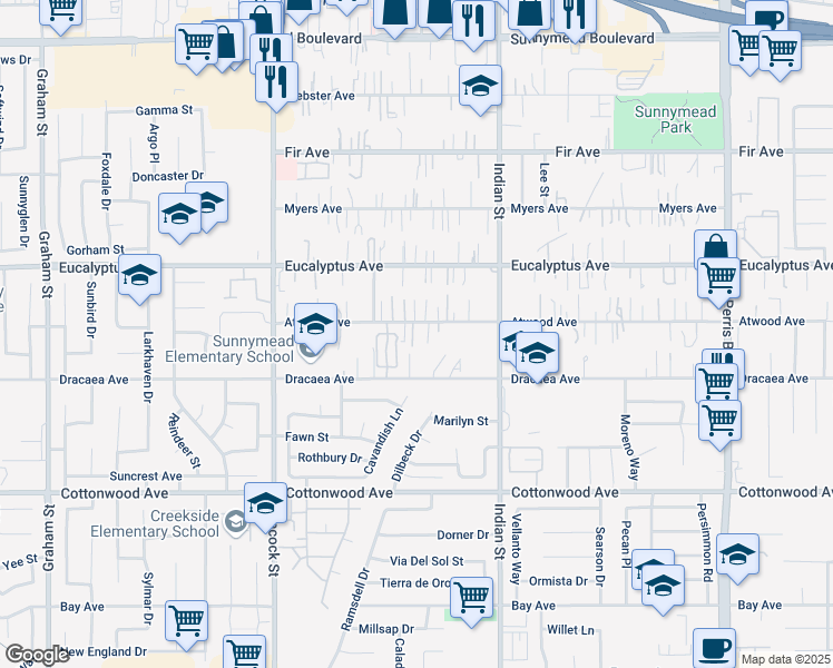 map of restaurants, bars, coffee shops, grocery stores, and more near 24294 Atwood Avenue in Moreno Valley