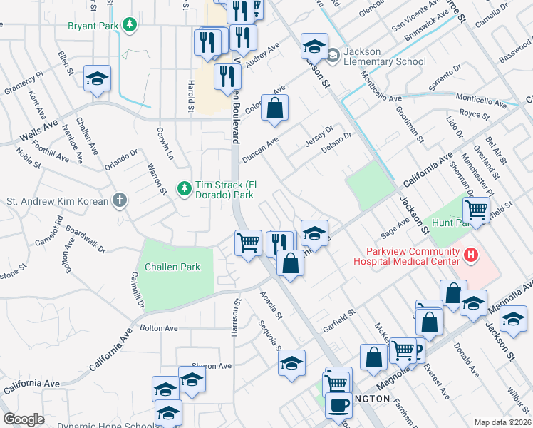 map of restaurants, bars, coffee shops, grocery stores, and more near 9391 California Avenue in Riverside