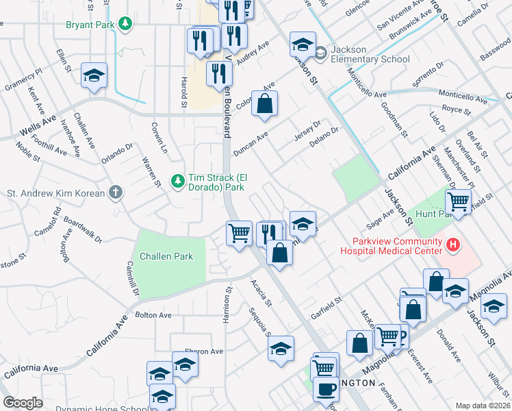 map of restaurants, bars, coffee shops, grocery stores, and more near 9391 California Avenue in Riverside