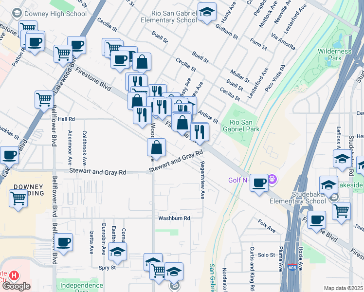 map of restaurants, bars, coffee shops, grocery stores, and more near 11224 Pangborn Avenue in Downey