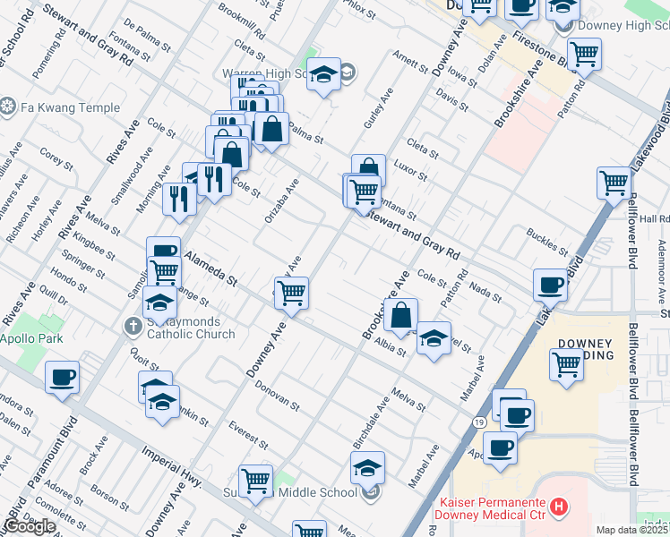 map of restaurants, bars, coffee shops, grocery stores, and more near 12030 Downey Avenue in Downey