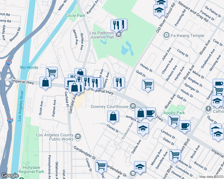 map of restaurants, bars, coffee shops, grocery stores, and more near 5921 Leeds Street in South Gate