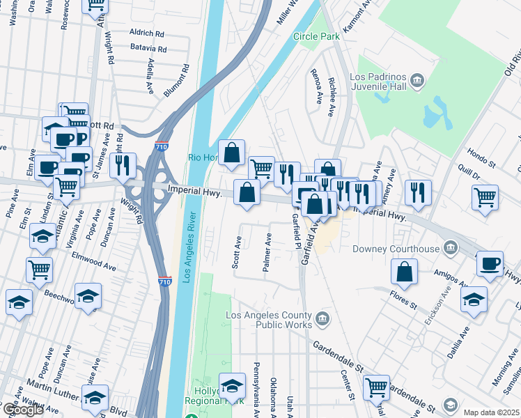 map of restaurants, bars, coffee shops, grocery stores, and more near 5626 Imperial Highway in South Gate