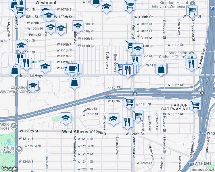 map of restaurants, bars, coffee shops, grocery stores, and more near 11431 Budlong Avenue in Los Angeles