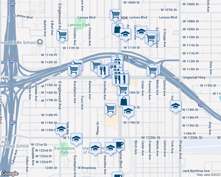 map of restaurants, bars, coffee shops, grocery stores, and more near 4478 West 115th Street in Hawthorne