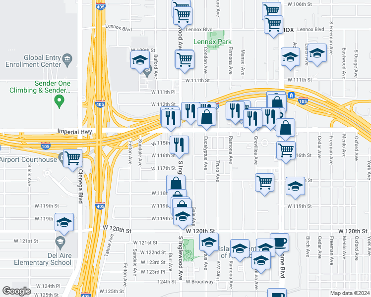 map of restaurants, bars, coffee shops, grocery stores, and more near 11439 Gale Avenue in Hawthorne