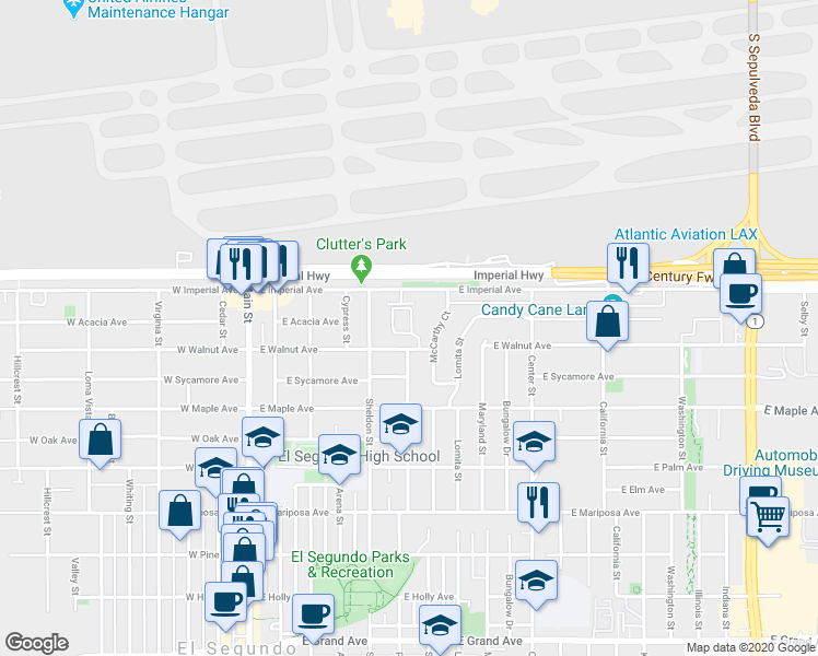 map of restaurants, bars, coffee shops, grocery stores, and more near 620 East Imperial Avenue in El Segundo