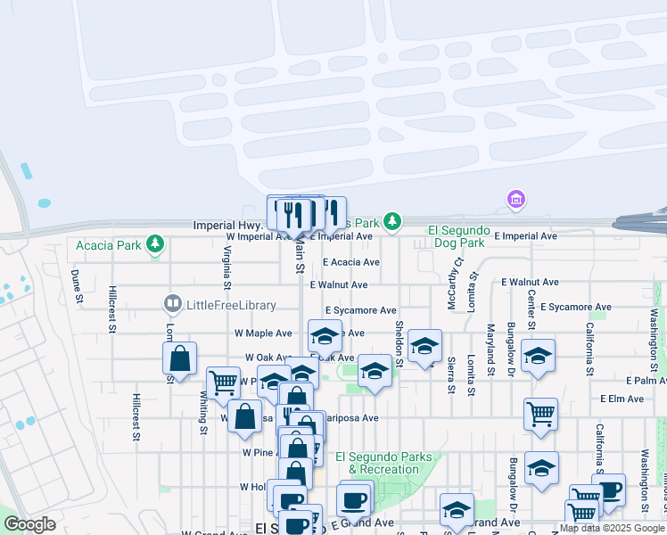 map of restaurants, bars, coffee shops, grocery stores, and more near 209 East Acacia Avenue in El Segundo