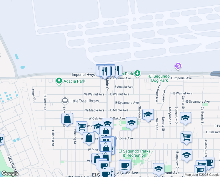 map of restaurants, bars, coffee shops, grocery stores, and more near 950 Main Street in El Segundo