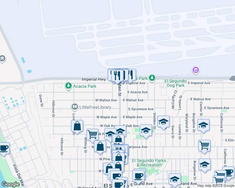map of restaurants, bars, coffee shops, grocery stores, and more near 950 Main Street in El Segundo