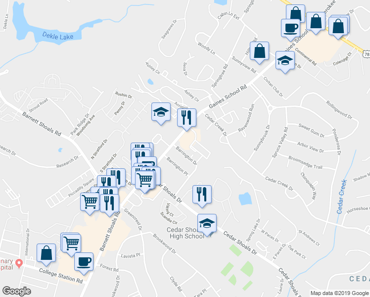 map of restaurants, bars, coffee shops, grocery stores, and more near 105 Barrington Drive in Athens