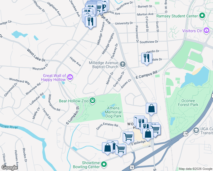 map of restaurants, bars, coffee shops, grocery stores, and more near 217 Marion Drive in Athens