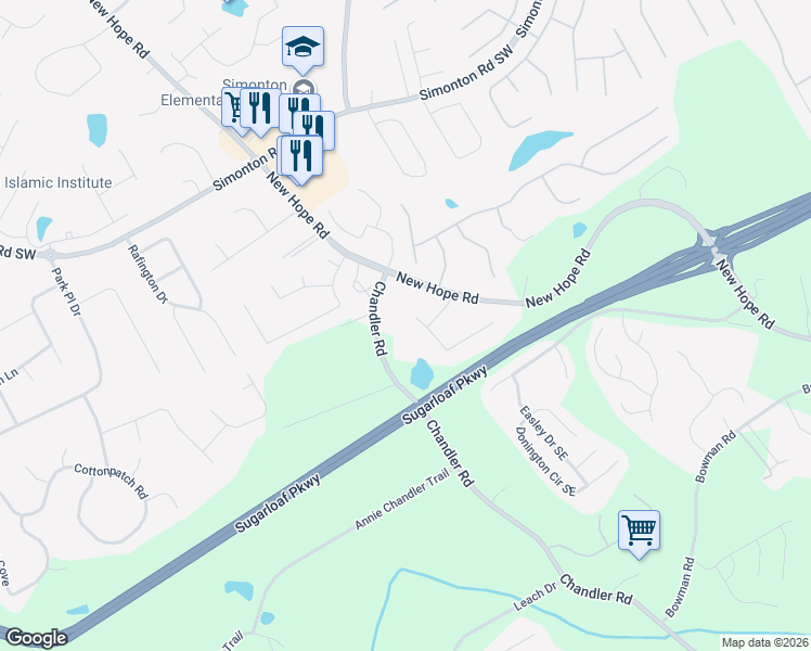map of restaurants, bars, coffee shops, grocery stores, and more near 1105 Brook Meadow Court in Lawrenceville