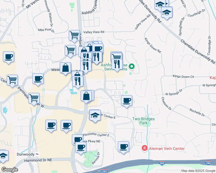 map of restaurants, bars, coffee shops, grocery stores, and more near 9127 Madison Drive in Dunwoody