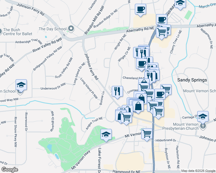 map of restaurants, bars, coffee shops, grocery stores, and more near 6411 Wright Road Northeast in Atlanta