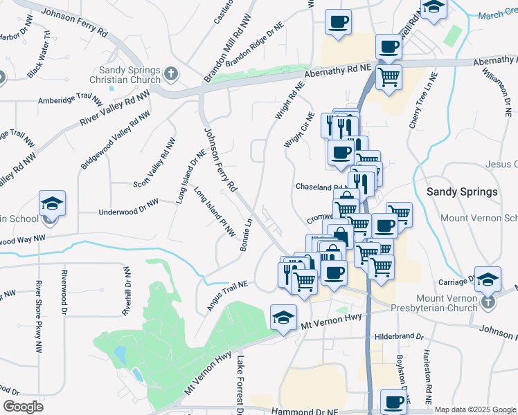 map of restaurants, bars, coffee shops, grocery stores, and more near 6411 Wright Road Northeast in Atlanta