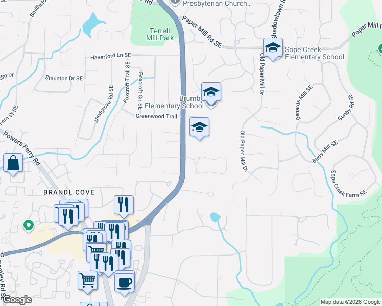 map of restaurants, bars, coffee shops, grocery stores, and more near 895 Terrell Mill Road Southeast in Marietta