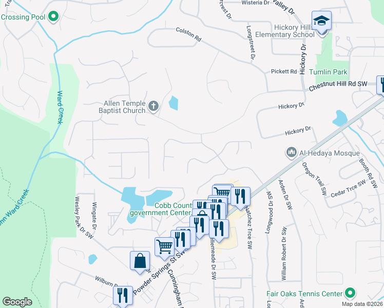 map of restaurants, bars, coffee shops, grocery stores, and more near 1036 Laurel Valley Drive Southwest in Marietta