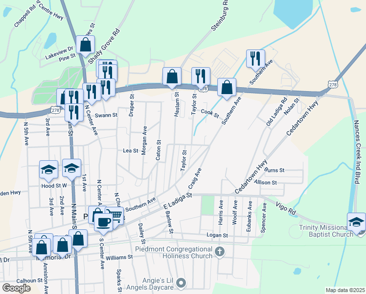 map of restaurants, bars, coffee shops, grocery stores, and more near Taylor Street in Anniston