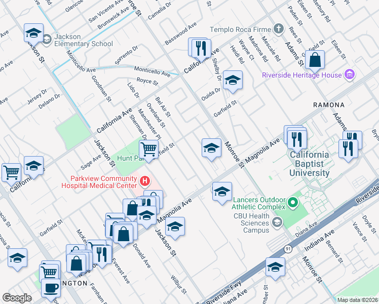 map of restaurants, bars, coffee shops, grocery stores, and more near 3972 Bel Air Street in Riverside