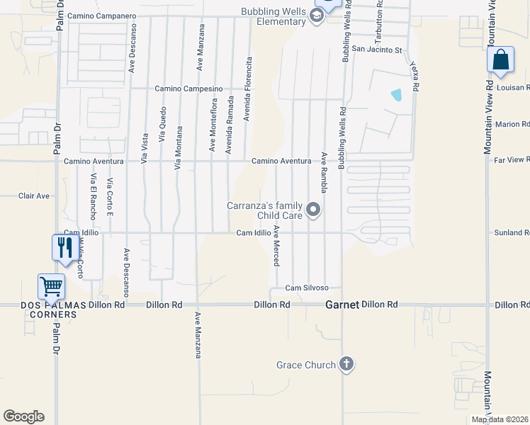 map of restaurants, bars, coffee shops, grocery stores, and more near 16370 Avenue Gracia in Desert Hot Springs