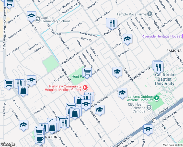 map of restaurants, bars, coffee shops, grocery stores, and more near 4011 Manchester Place in Riverside
