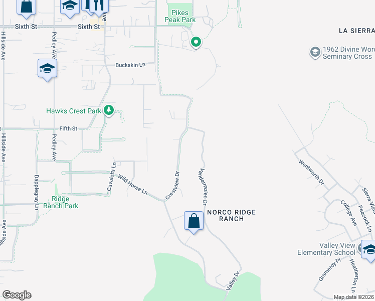 map of restaurants, bars, coffee shops, grocery stores, and more near 3302 Vandermolen Drive in Norco