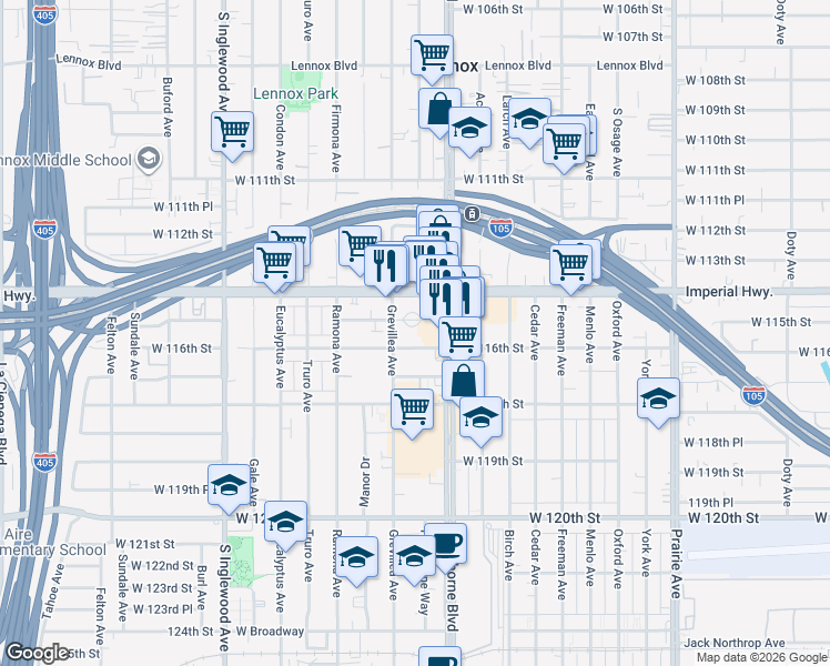 map of restaurants, bars, coffee shops, grocery stores, and more near 4478 West 115th Street in Hawthorne