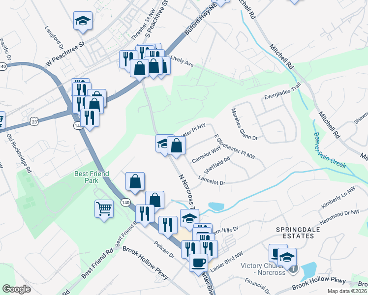 map of restaurants, bars, coffee shops, grocery stores, and more near 734 Lancelot Drive in Norcross