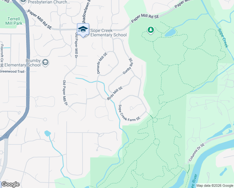 map of restaurants, bars, coffee shops, grocery stores, and more near 874 Birds Mill Southeast in Marietta