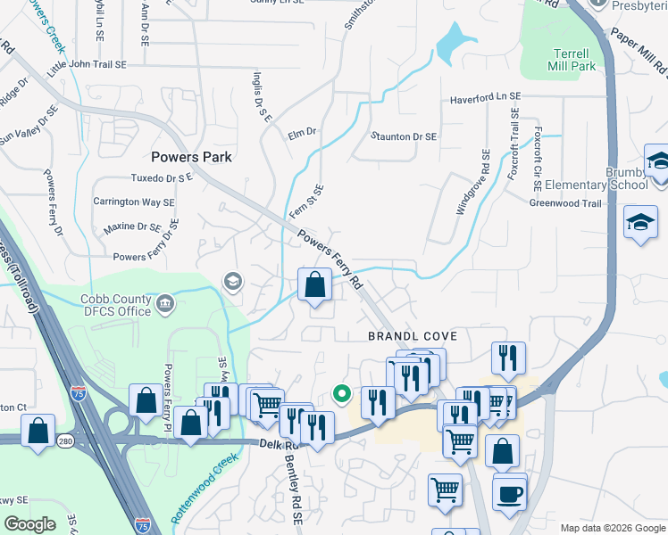 map of restaurants, bars, coffee shops, grocery stores, and more near 852 Powers Ferry Road in Marietta