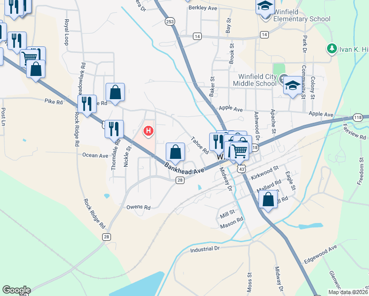 map of restaurants, bars, coffee shops, grocery stores, and more near 335 Tahoe Road in Winfield