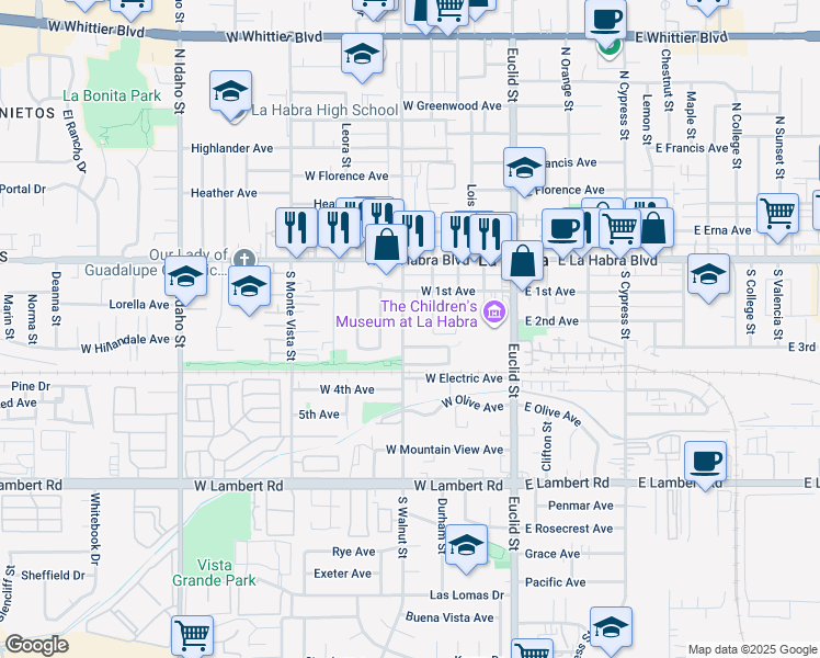 map of restaurants, bars, coffee shops, grocery stores, and more near 300 South Walnut Street in La Habra