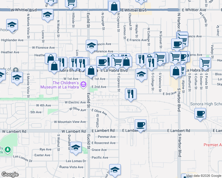 map of restaurants, bars, coffee shops, grocery stores, and more near 308 East 2nd Avenue in La Habra