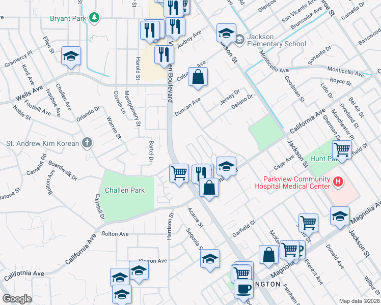 map of restaurants, bars, coffee shops, grocery stores, and more near 9391 California Avenue in Riverside