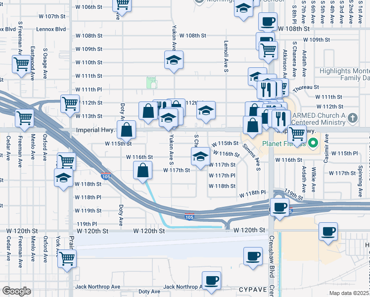 map of restaurants, bars, coffee shops, grocery stores, and more near 3528 West 115th Street in Inglewood