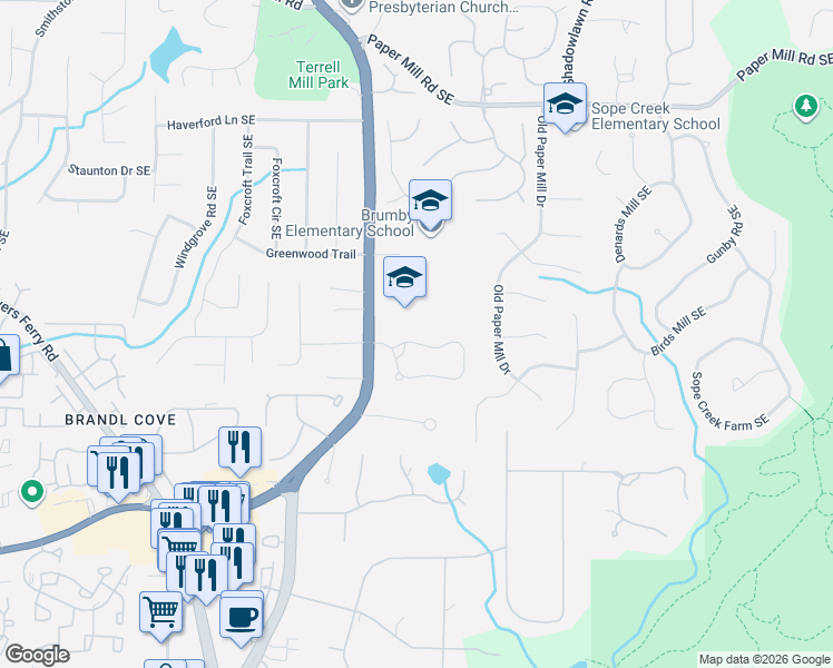 map of restaurants, bars, coffee shops, grocery stores, and more near 3306 Winthrop Circle in Marietta