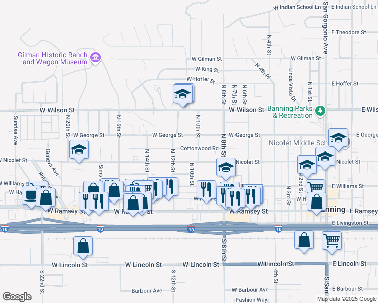 map of restaurants, bars, coffee shops, grocery stores, and more near 1064 Cottonwood Road in Banning
