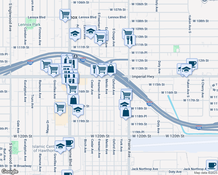 map of restaurants, bars, coffee shops, grocery stores, and more near 11520 Menlo Avenue in Hawthorne